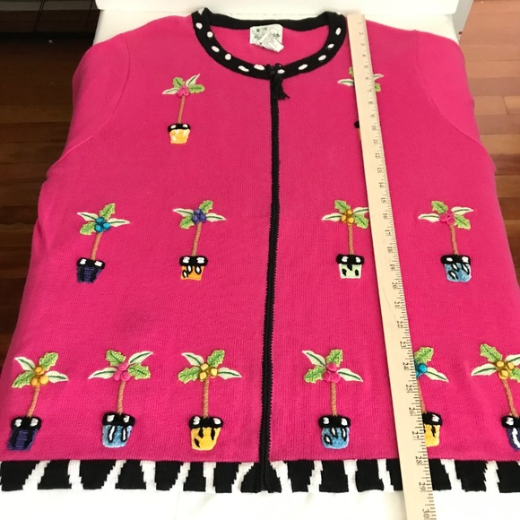 QUACKER FACTORY Zip Cardigan Sweater Whimsical Palm Tree Pink Women’s Size 1X 2X - Picture 12 of 16